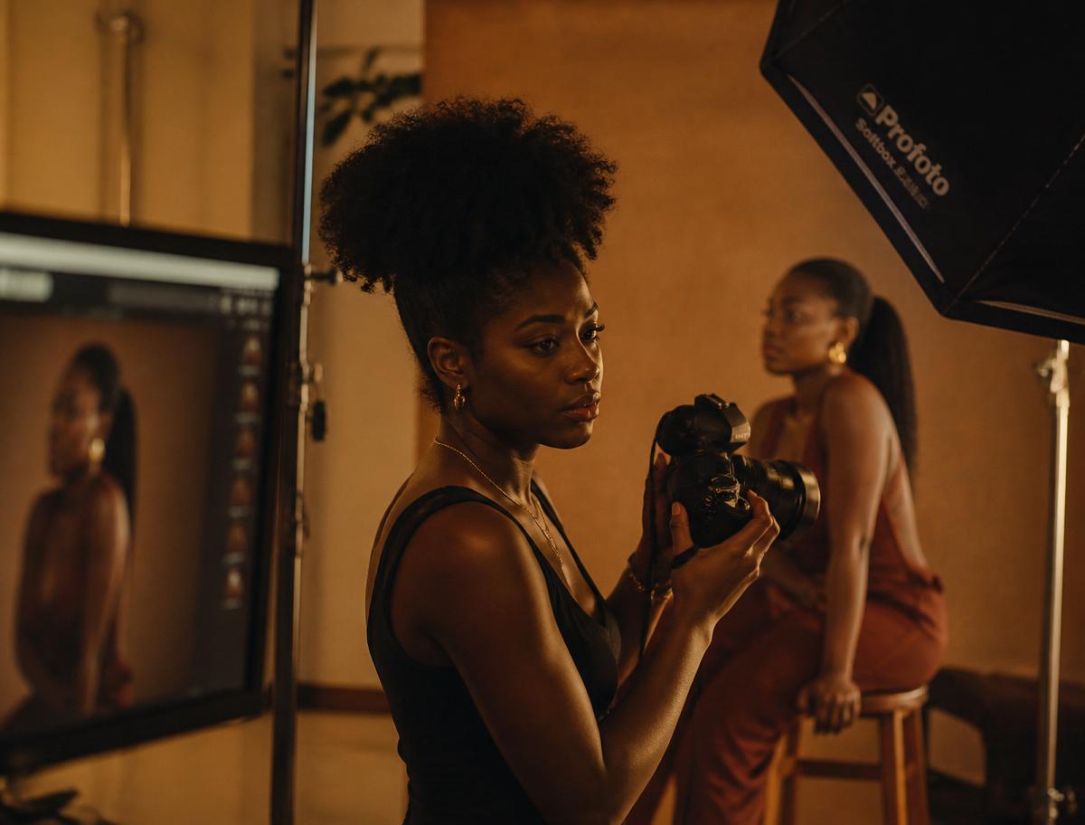 Black woman photographer directing a warm-lit brand shoot