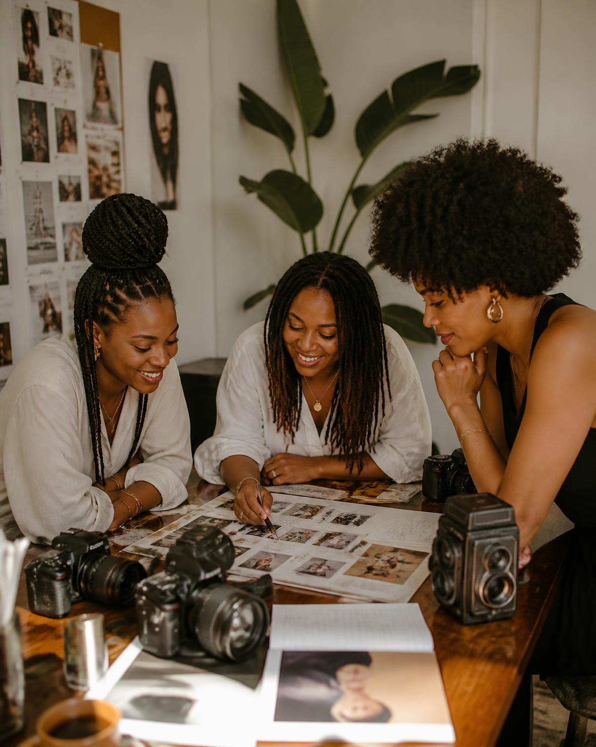 Three Black women creatives reviewing photography contact sheets together