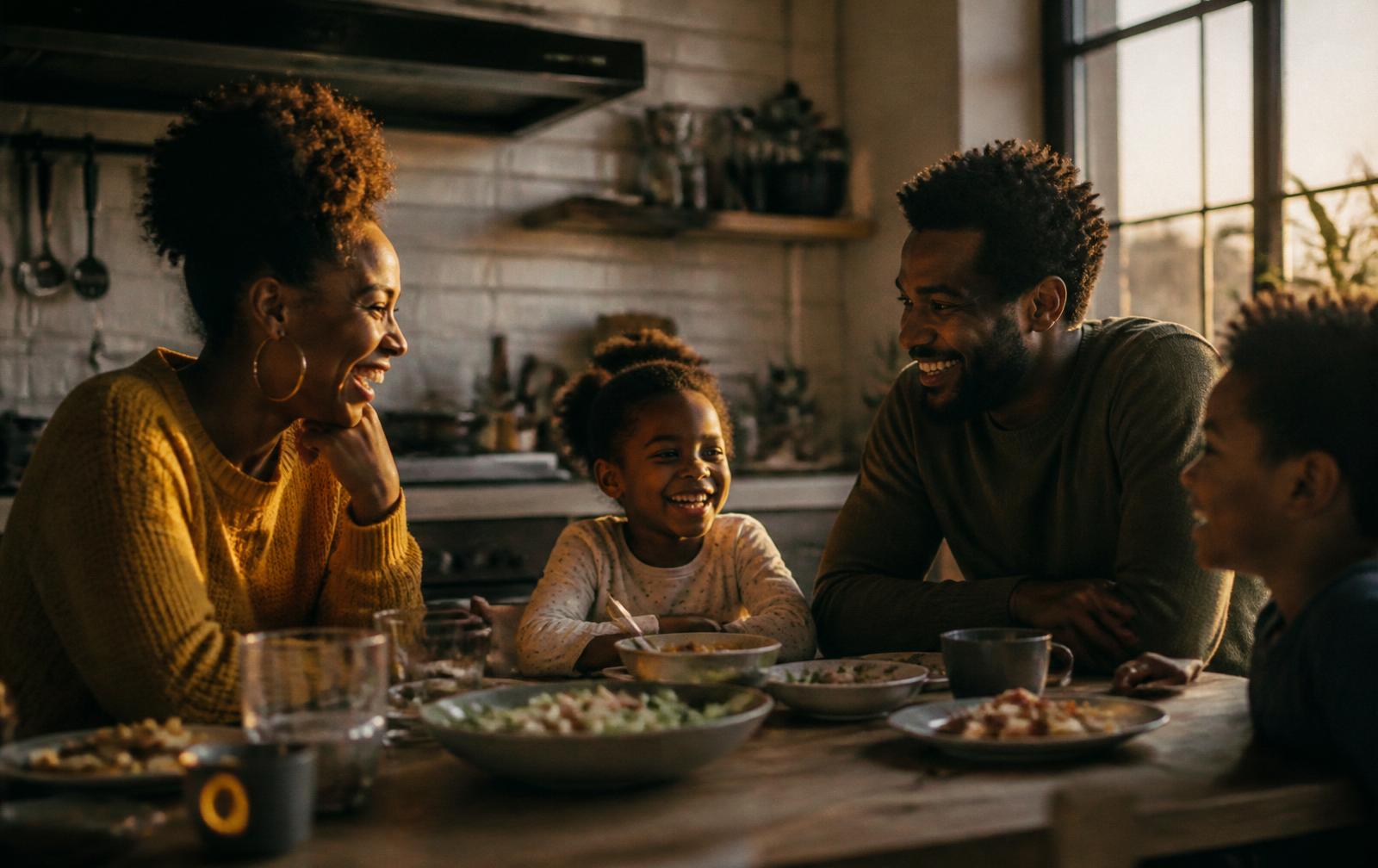 Black family laughing together around a kitchen table in golden hour light