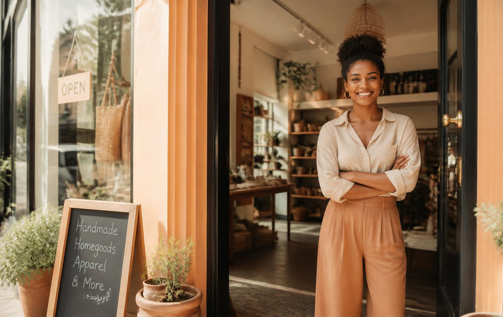 Black woman small business owner standing in the doorway of her sunlit boutique